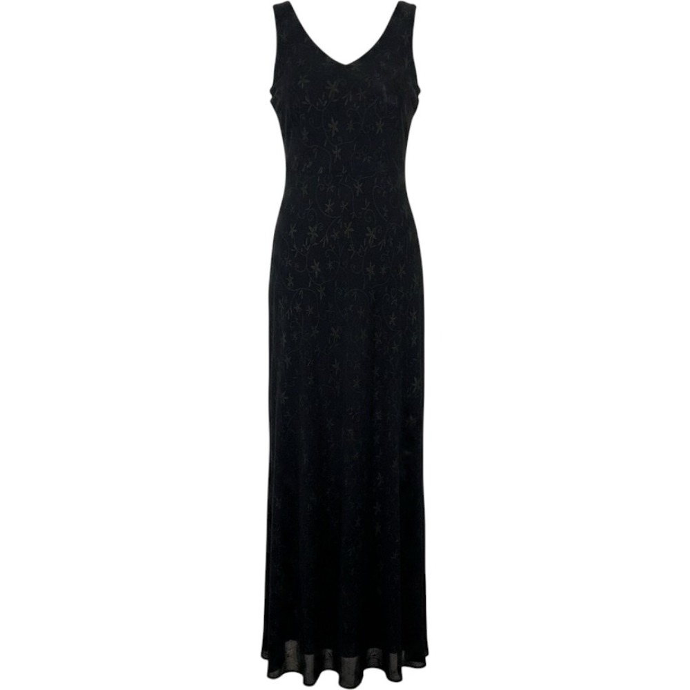 Classiques Entier Vintage Maxi Dress 6 90s Floral Embroidered Black Gold V-Neck